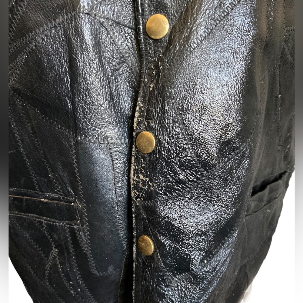 Vintage 80s Mens Patchwork Black Leather Motorcycle Vest Unisex - Picture 3 of 9